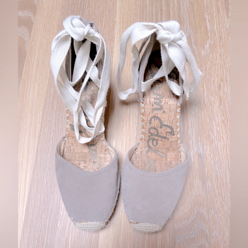 SAM EDELMAN Women's Taupe Espadrille Nubuck Leather Wedge Heels